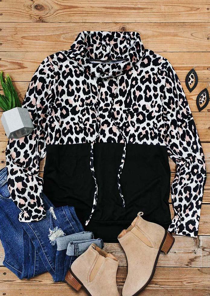 

Sweatshirts Leopard Splicing Drawstring Pullover Sweatshirt in Leopard. Size