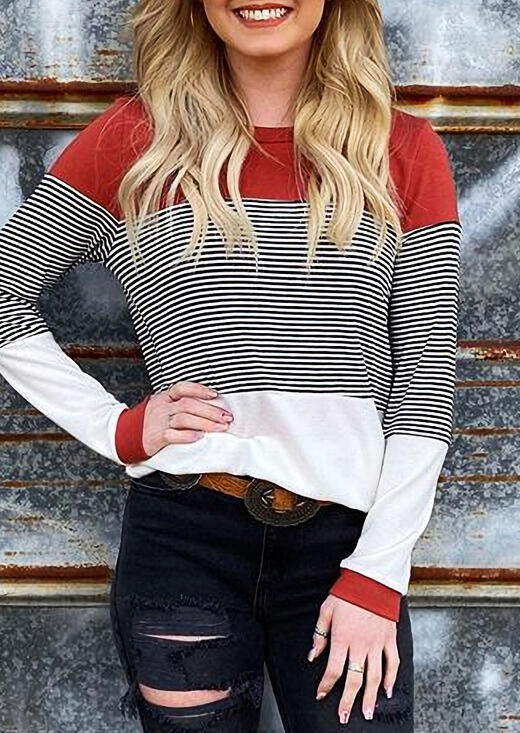 

Color Block Striped Splicing Long Sleeve Blouse, Multicolor, 486825