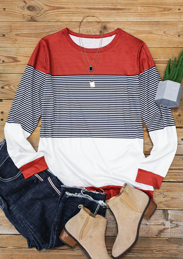 Color Block Striped Splicing Long Sleeve Blouse