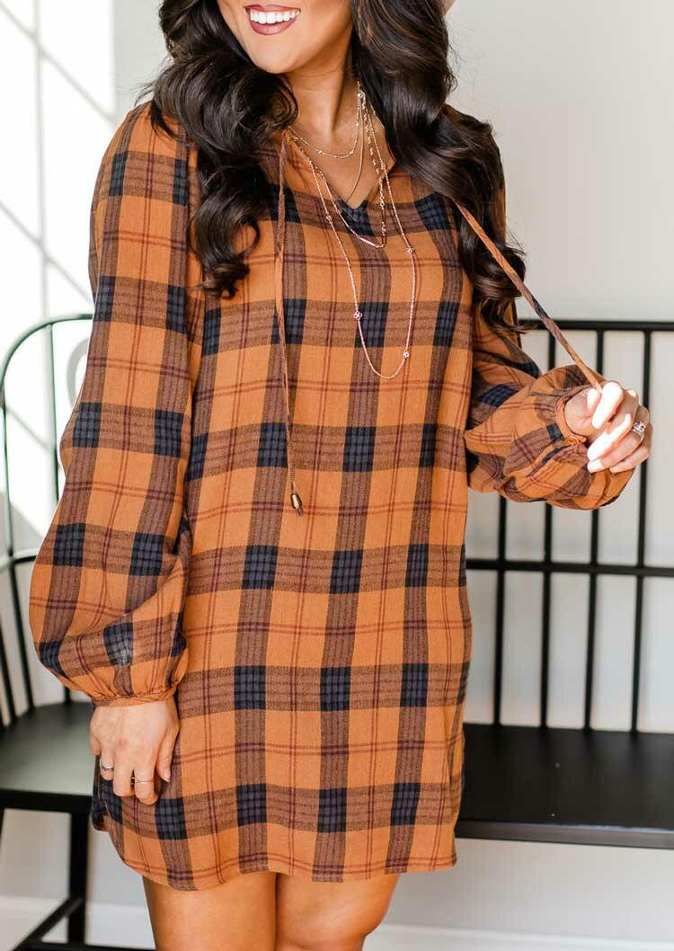 

Plaid V-Neck Long Sleeve Mini Dress, 486828