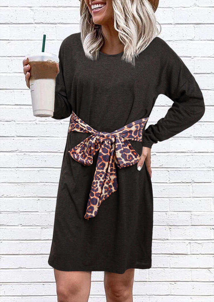 

Leopard Tie V-Neck Long Sleeve Mini Dress - Dark Grey, 486829