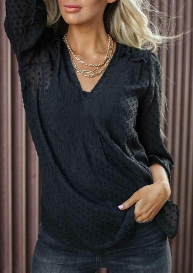 

Blouses Dotted Swiss V-Neck Casual Blouse in Black. Size