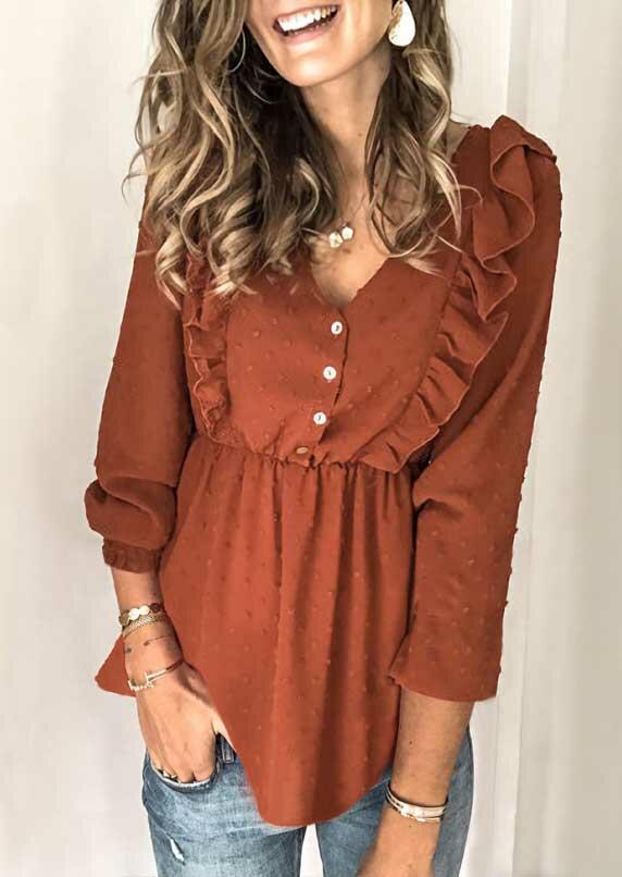 Ruffled Dotted Swiss Button V-Neck Blouse - Brown