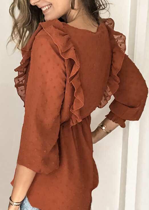 Ruffled Dotted Swiss Button V-Neck Blouse - Brown