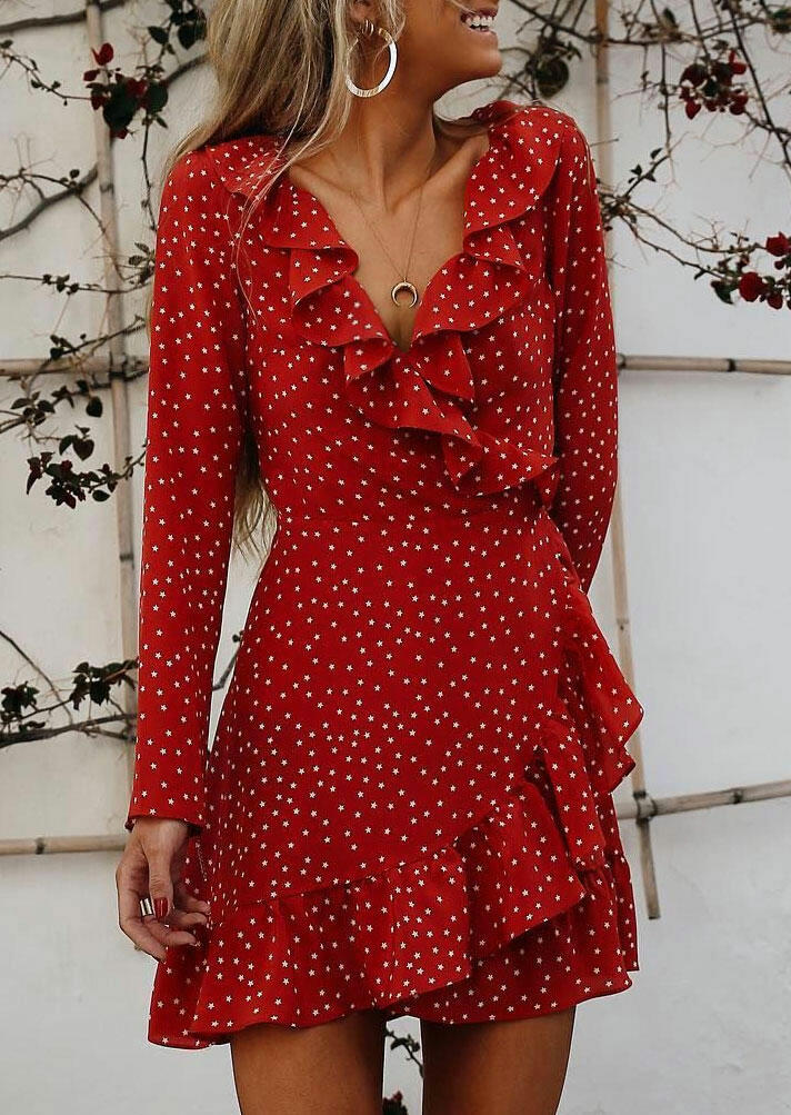 

Mini Dresses Polka Dot Ruffled Wrap V-Neck Mini Dress in Red. Size