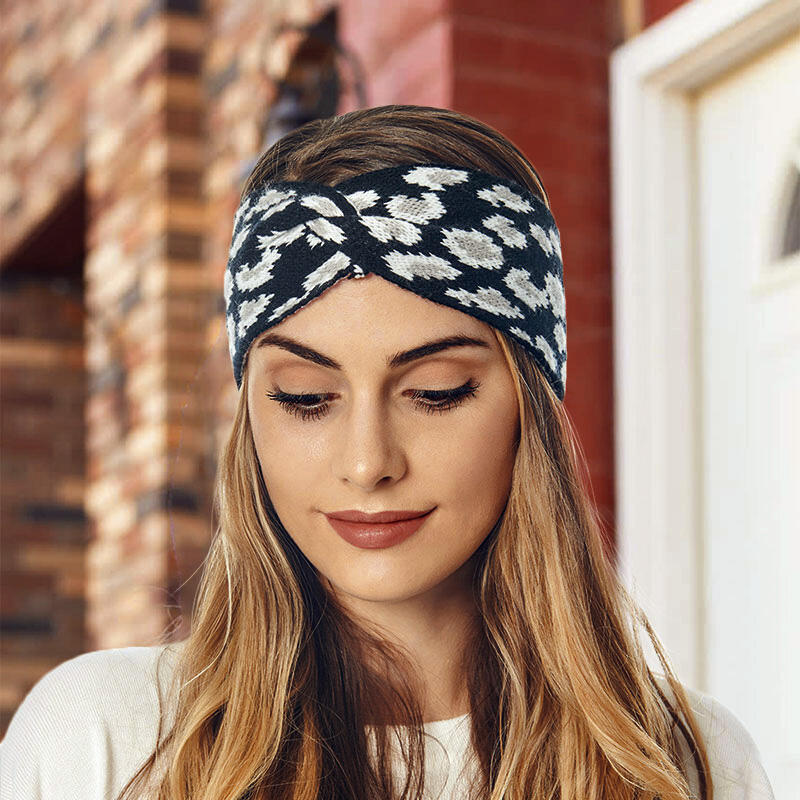 

Hair Accessories Leopard Twist Knitted Wide Headband in Black. Size