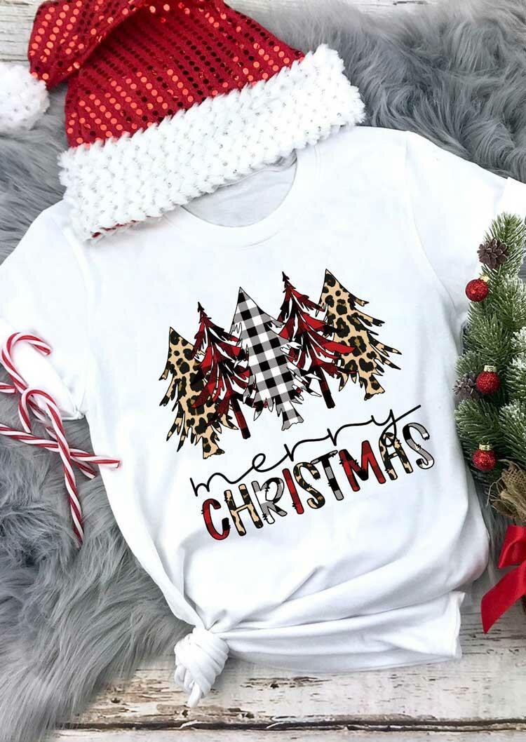 

Merry Christmas Leopard Plaid Tree T-Shirt Tee - White, 486907