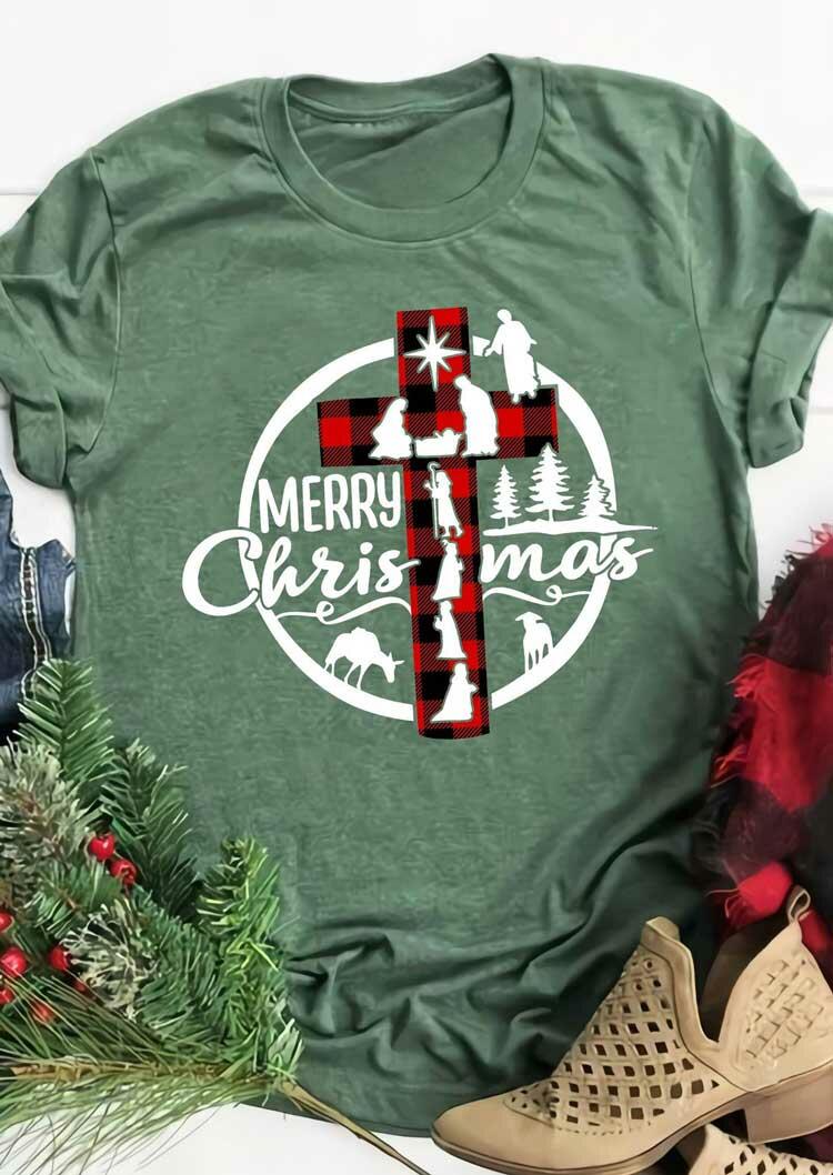 

T-shirts Tees Merry Christmas Buffalo Plaid Cross Jesus T-Shirt Tee in Green. Size