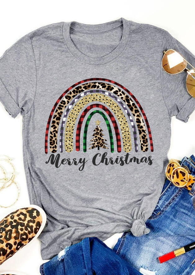 Merry Christmas Leopard Plaid Tree Rainbow T-Shirt Tee - Gray