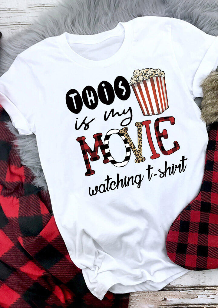 Leopard Plaid Striped This Is My Movie Watching T-Shirt Tee - White