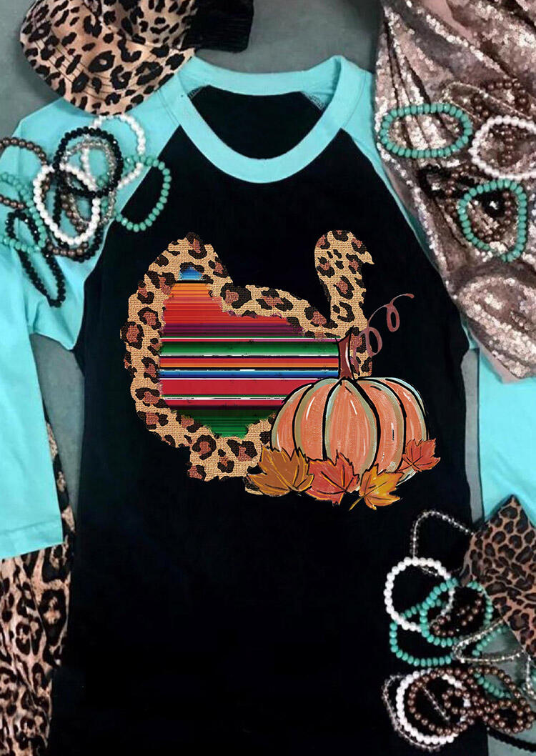 

Thanksgiving Leopard Serape Striped Turkey Pumpkin T-Shirt Tee - Black, 484031