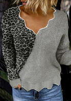 Leopard Splicing Long Sleeve V-Neck Knitted Sweater