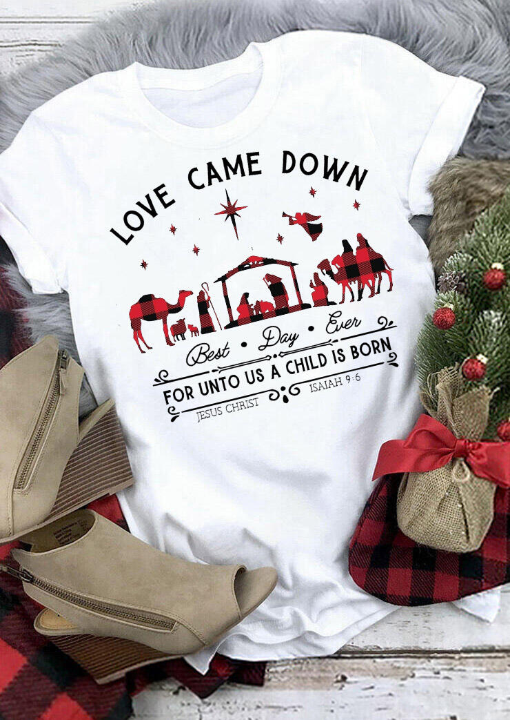 

Tees T-shirts Christmas Buffalo Plaid Love Came Down Graphic T-Shirt Tee in White. Size