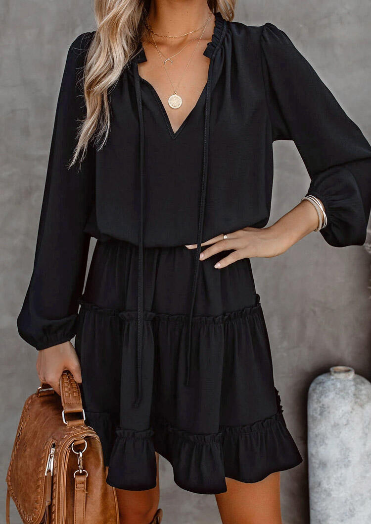 

Ruffled V-Neck Tie Elastic Waist Mini Dress - Black, 486885