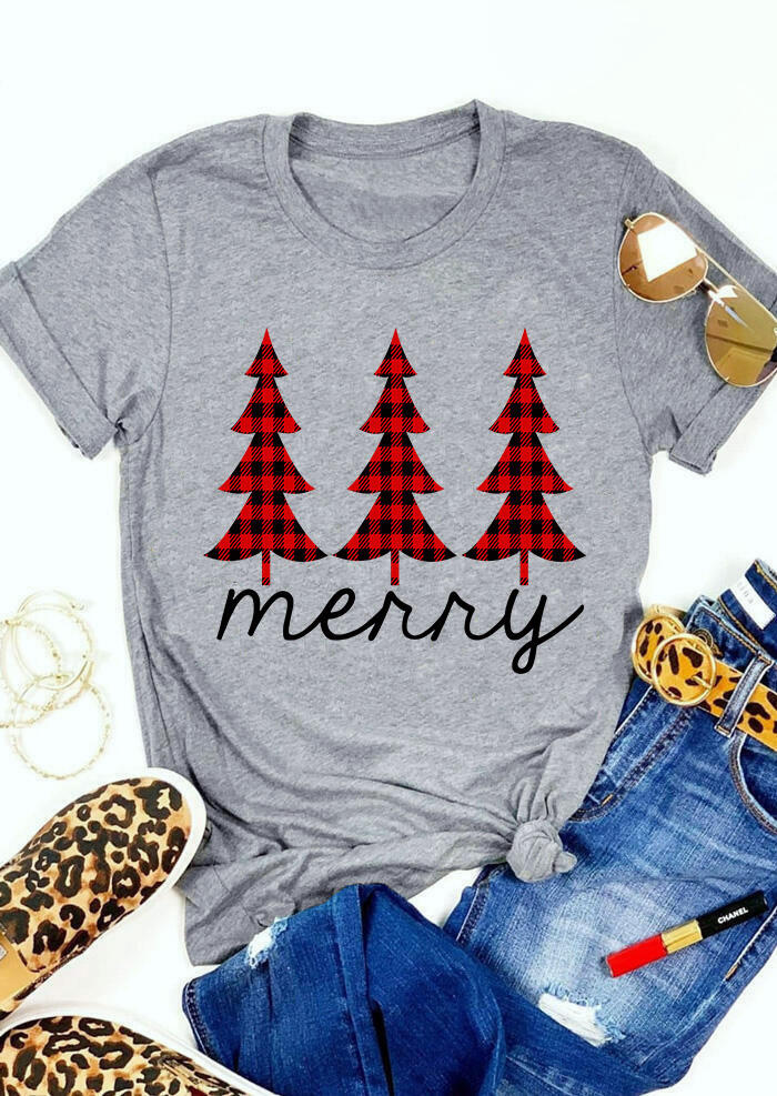 

Merry Christmas Buffalo Plaid Tree T-Shirt Tee - Gray, 486910