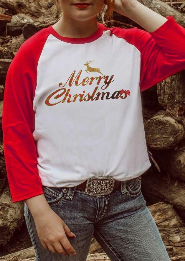 Merry Christmas Reindeer Baseball T-Shirt Tee - White