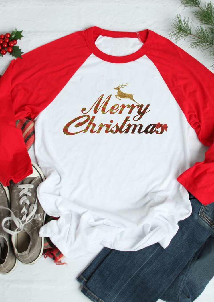 T-shirts Tees Merry Christmas Reindeer Baseball T-Shirt Tee in White. Size: M,S