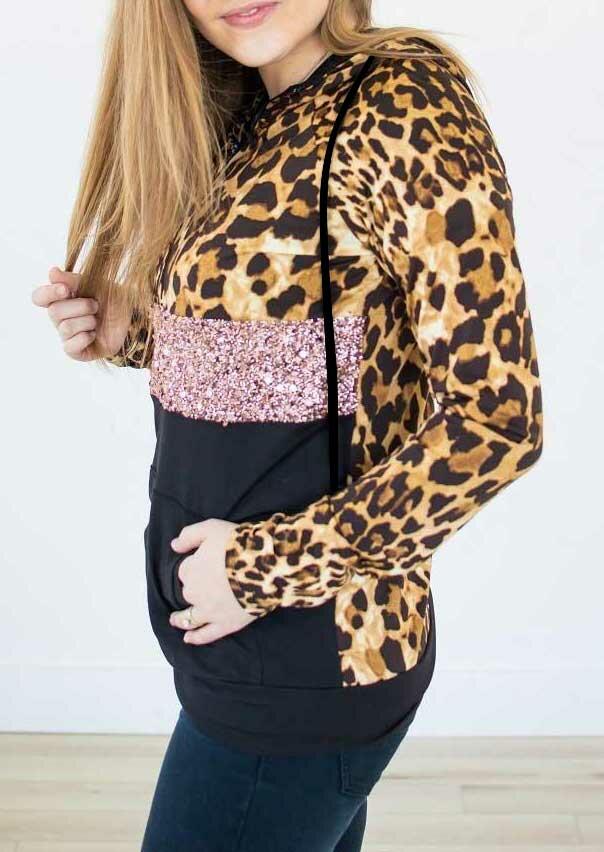 

Hoodies Sequined Leopard Splicing Kangaroo Pocket Zipper Hoodie in Leopard. Size: ,M,L