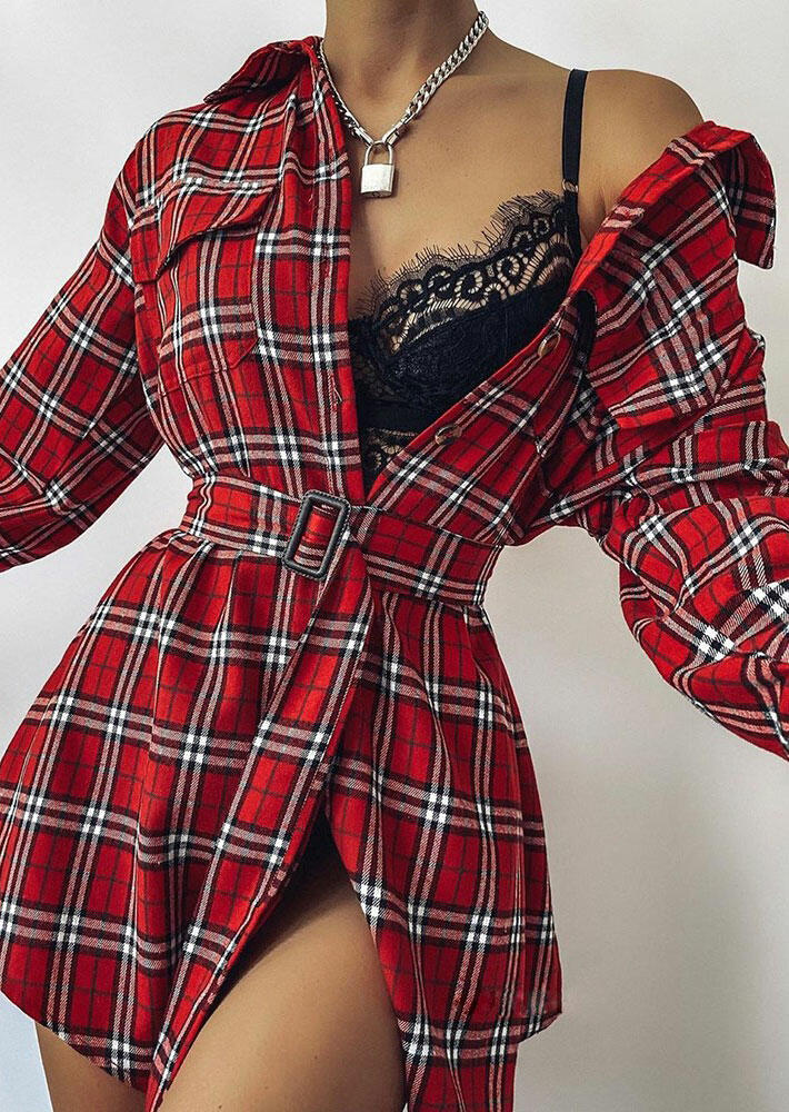 

Christmas Buffalo Plaid Pocket Button Shirt Mini Dress without Bra, 487004