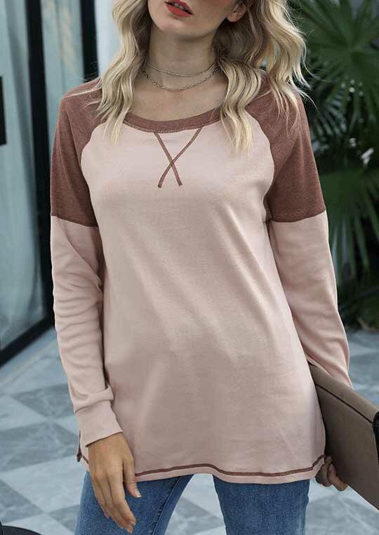 

Color Block Slit O-Neck Long Sleeve Blouse - Apricot, 487019