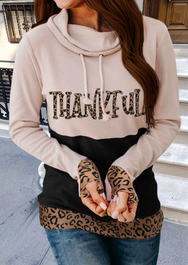 

Sweatshirts Thankful Leopard Color Block Drawstring Thumbhole Sweatshirt in Apricot. Size