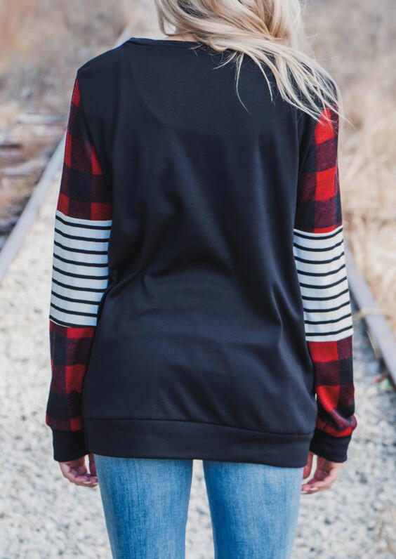 

Sweatshirts Buffalo Plaid Striped Splicing Long Sleeve Sweatshirt in Black. Size