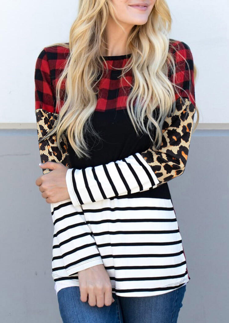 

Blouses Leopard Buffalo Plaid Striped Splicing Blouse in Multicolor. Size
