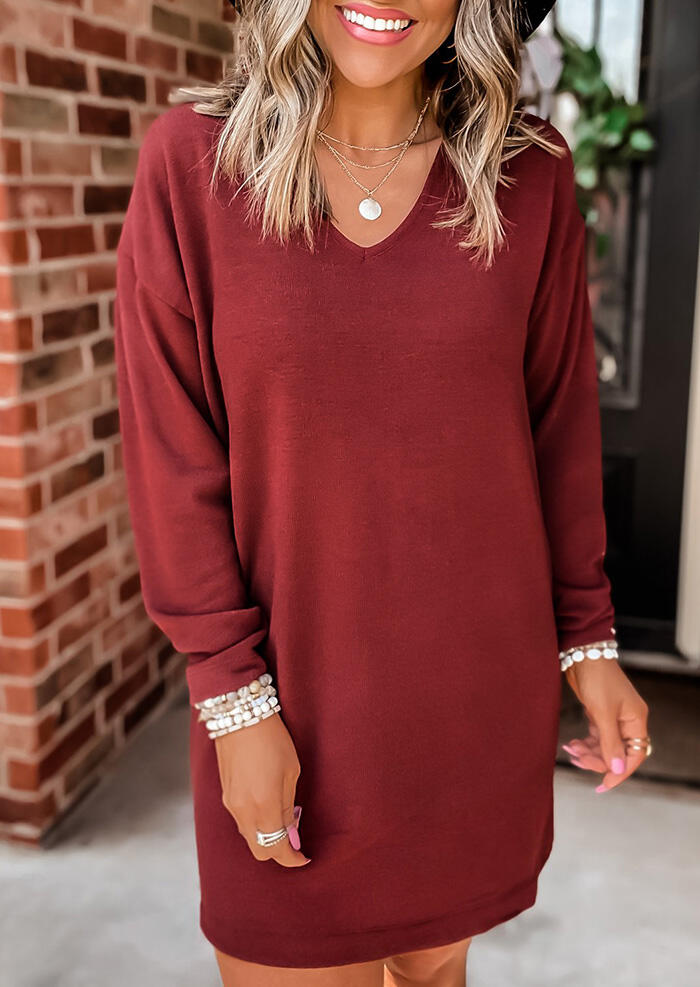 

V-Neck Long Sleeve Mini Dress - Red, 486987