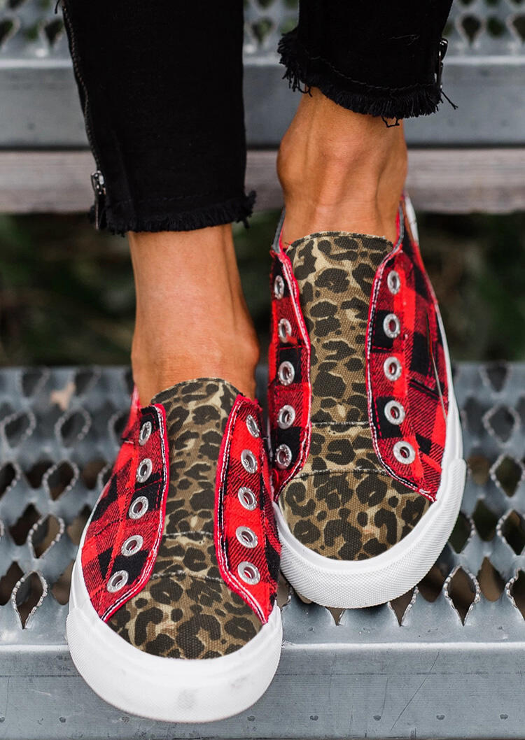 

Sneakers Buffalo Plaid Leopard Splicing Flat Canvas Sneakers in Leopard. Size