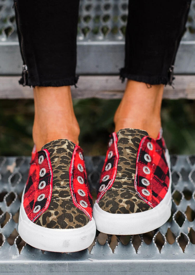 Buffalo Plaid Leopard Splicing Flat Canvas Sneakers