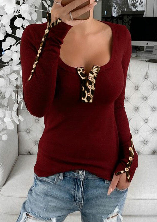 

Leopard Splicing Button Low Cut Blouse - Burgundy, 487007
