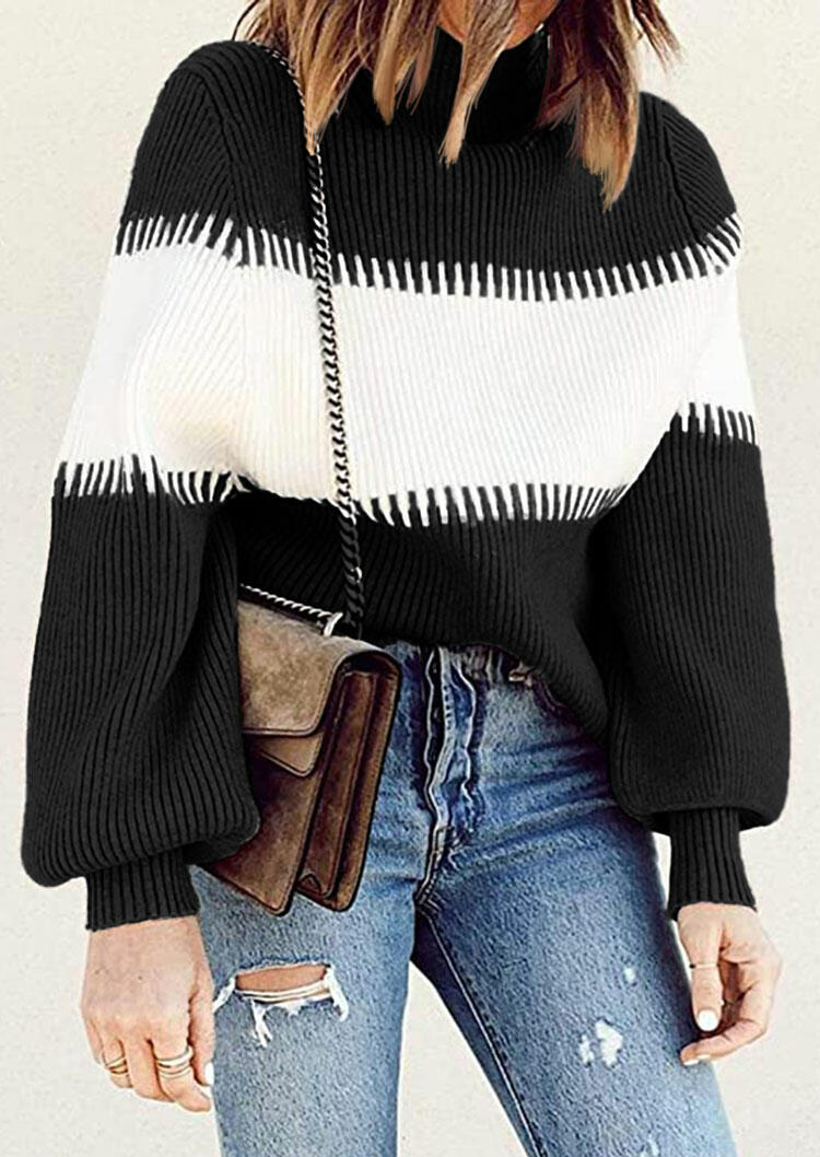 

Color Block Lantern Sleeve Turtleneck Sweater - Black, 487017
