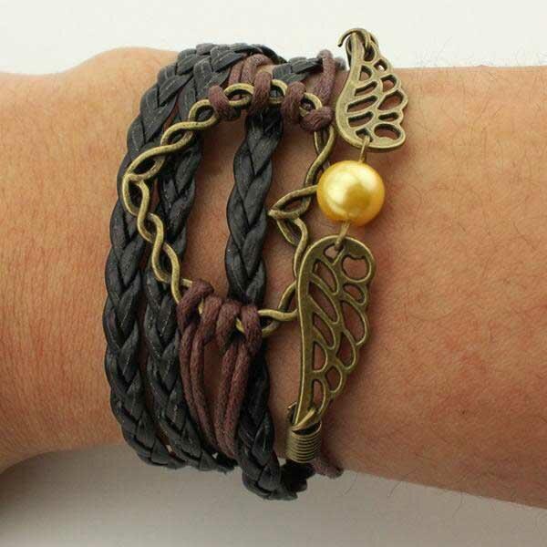 Hollow Out Heart Wing Owl Anchor Multi-Layered Braided Bracelet