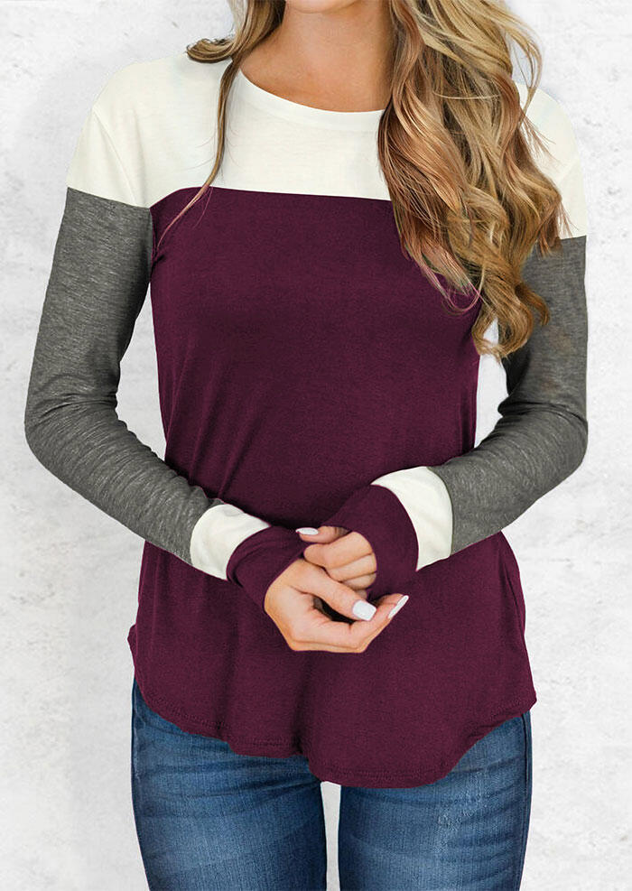 Color Block Long Sleeve T-Shirt Tee - Purple