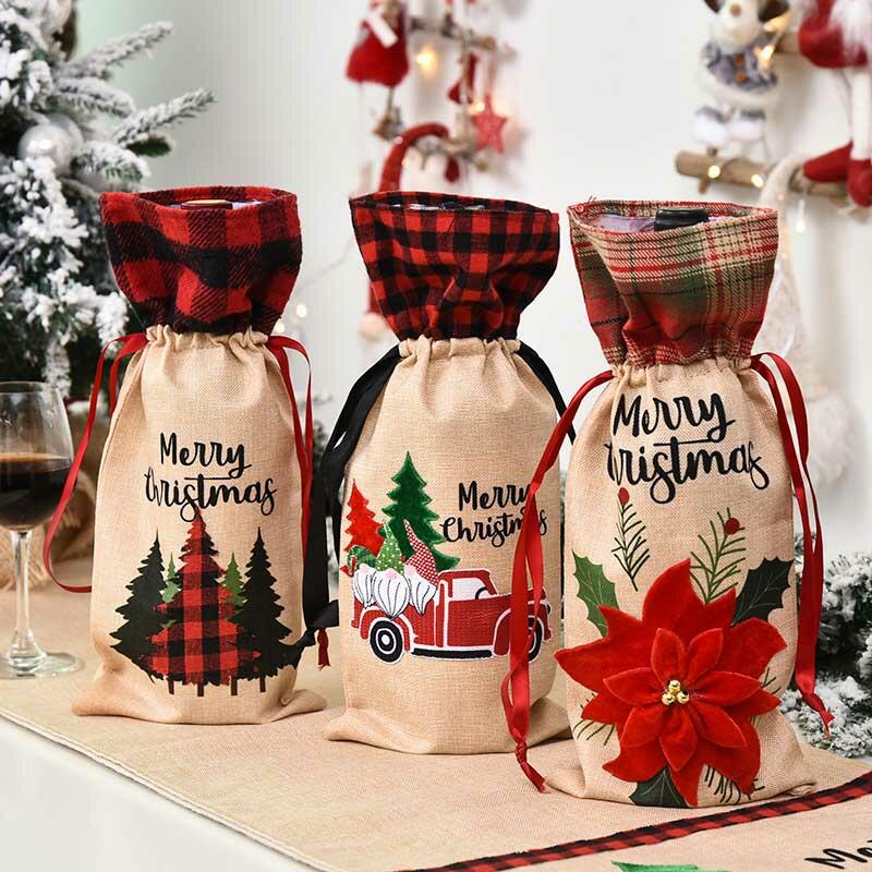 Merry Christmas Plaid Tree Gnome Floral Wine Bottle Bag