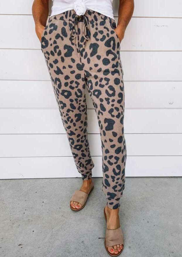 

Leopard Drawstring Pocket Elastic Waist Casual Pants, 487033