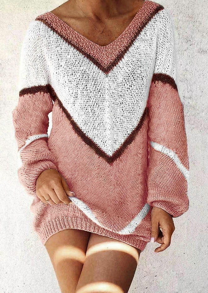 

Color Block Long Sleeve V-Neck Sweater, Multicolor, 487034