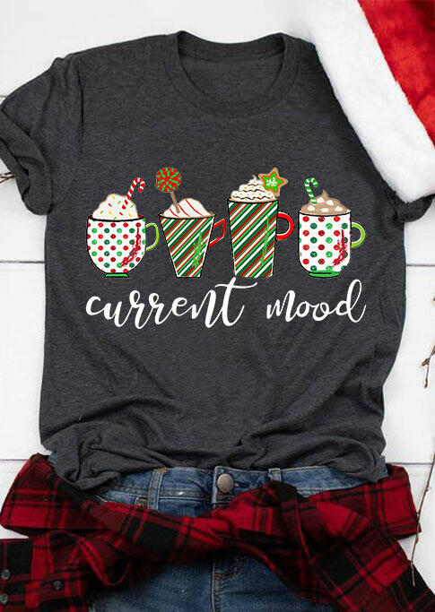 Christmas Striped Star Drink Current Mood T-Shirt Tee - Dark Grey