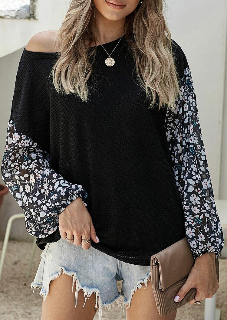 

Blouses Floral Splicing O-Neck Elastic Cuff Blouse in Black. Size