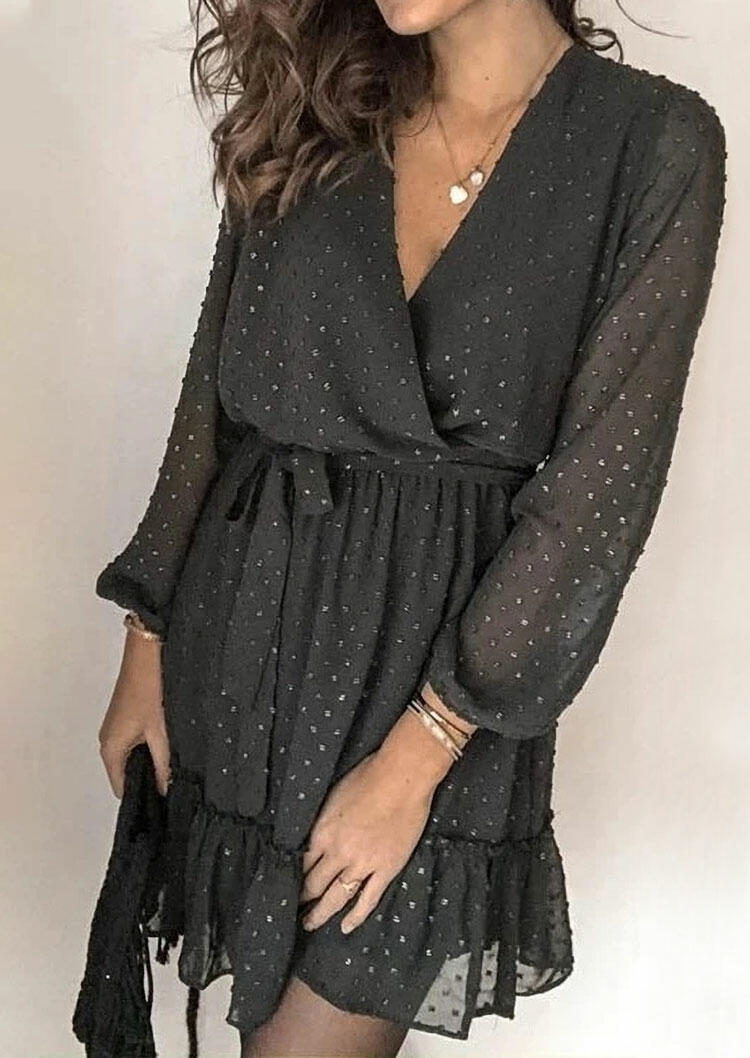 

Mini Dresses Dotted Swiss V-Neck Wrap Elastic Cuff Mini Dress in Black. Size