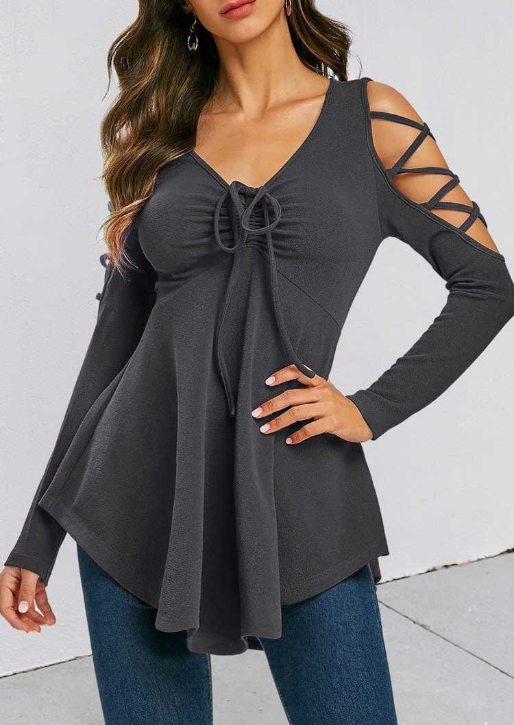 

Blouses Asymmetric Criss-Cross Ruffled Tie Blouse in Dark Grey. Size