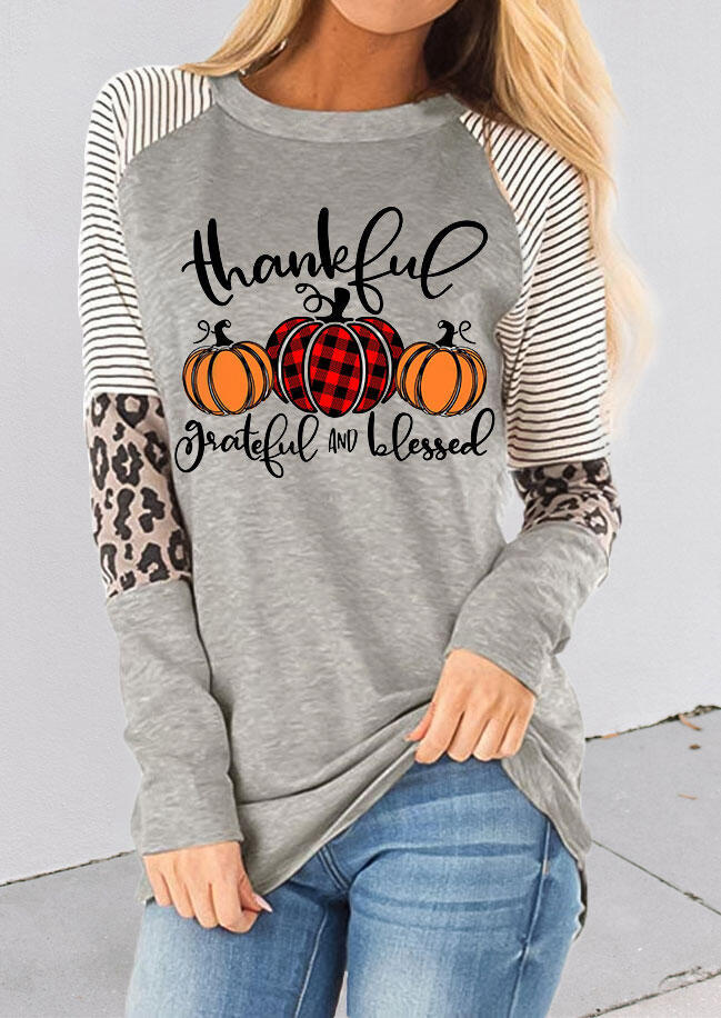 

Thankful Striped Leopard Splicing Plaid Pumpkin Blouse - Gray, 487051