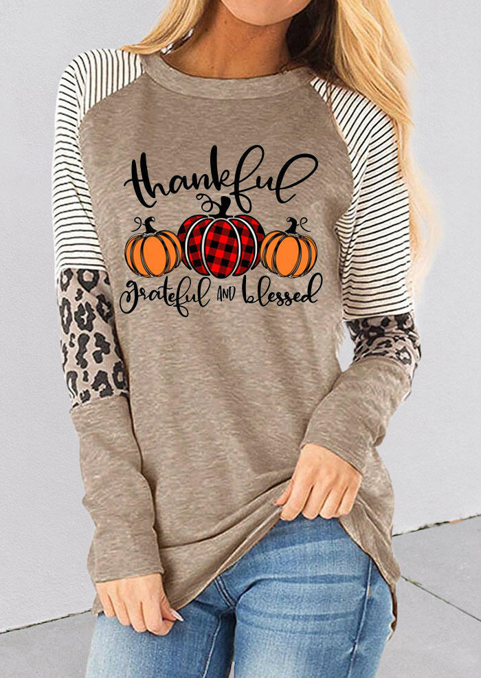T-shirts Tees Thankful Striped Leopard Splicing Plaid Pumpkin T-Shirt Tee in Gray. Size: L,M,S,XL