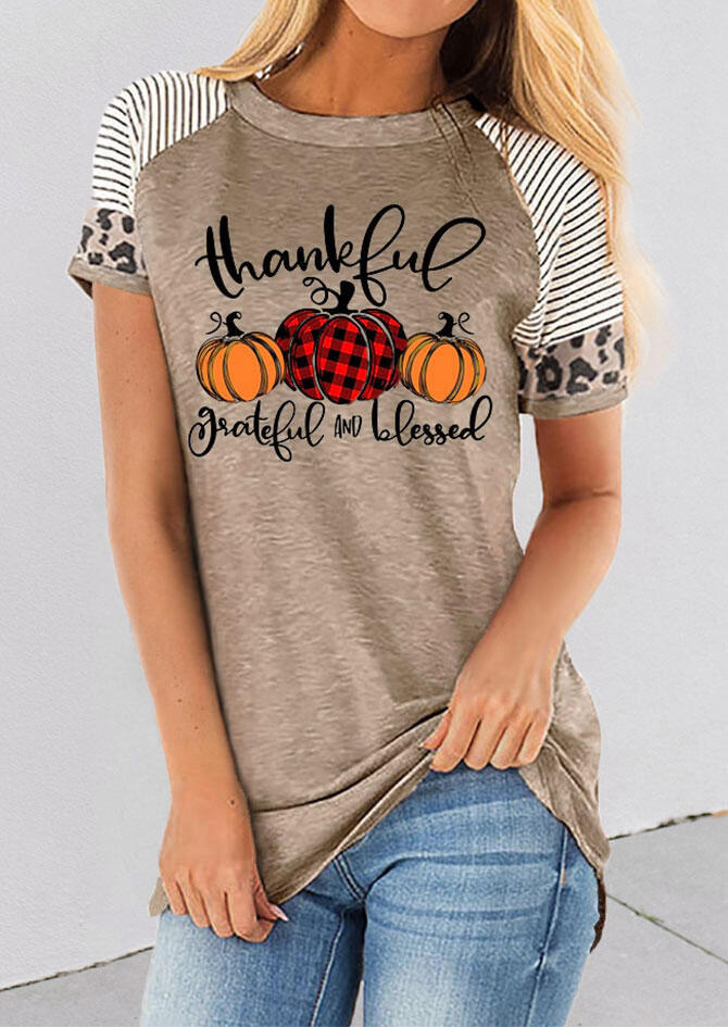 

Tees T-shirts Thankful Striped Leopard Splicing Plaid Pumpkin T-Shirt Tee in Light Coffee. Size