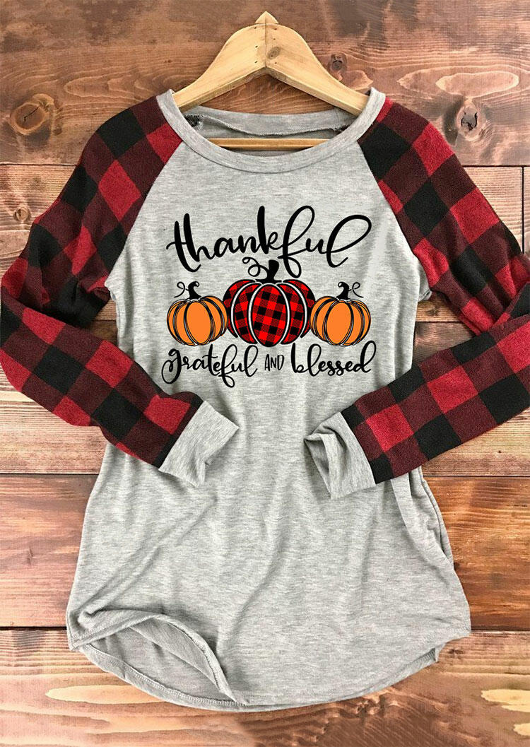 

Thankful Grateful And Blessed Buffalo Plaid Pumpkin Blouse - Light Grey, 487055