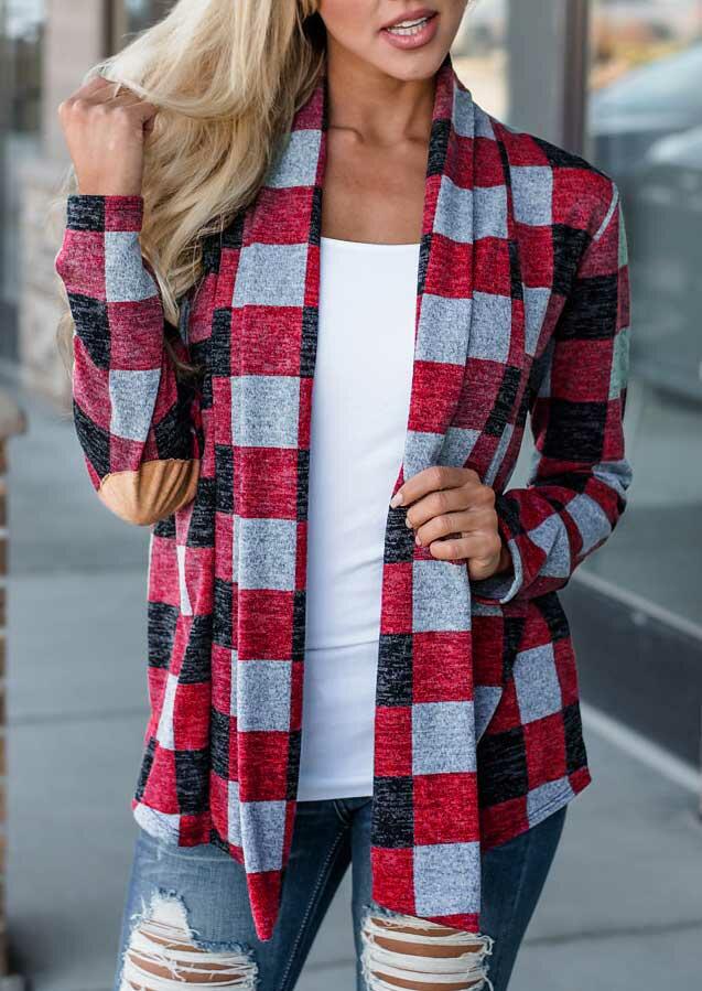 

Plaid Elbow Patch Long Sleeve Open Front Cardigan, 487057