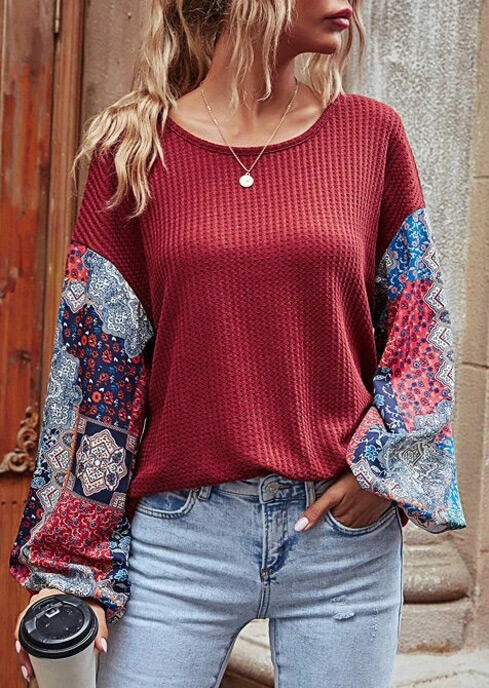 

Blouses Geometric Floral Waffle Splicing Elastic Cuff Blouse in Brick Red. Size