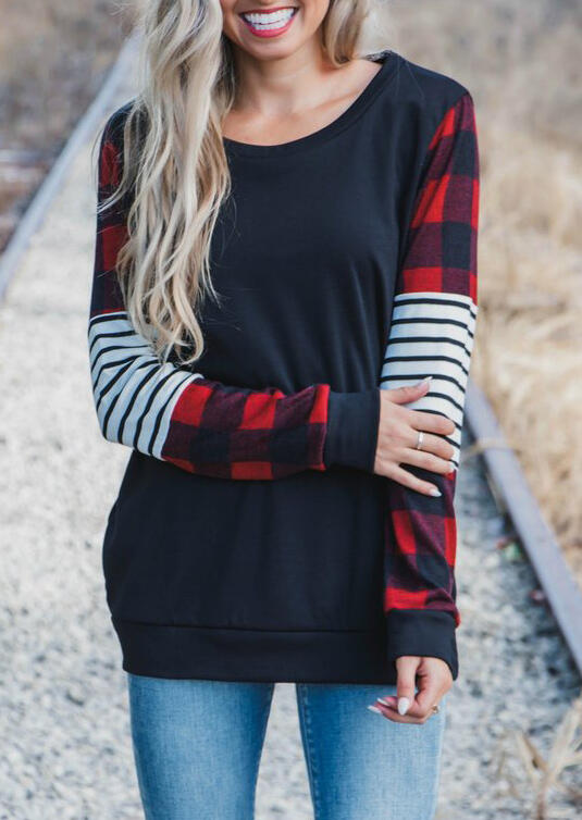 

Buffalo Plaid Striped Splicing Long Sleeve Sweatshirt - Black, 486840
