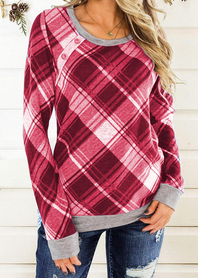 Plaid Splicing Button Long Sleeve Blouse