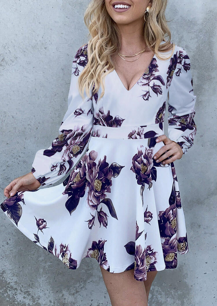 

Floral V-Neck Long Sleeve Mini Dress - White, 486810